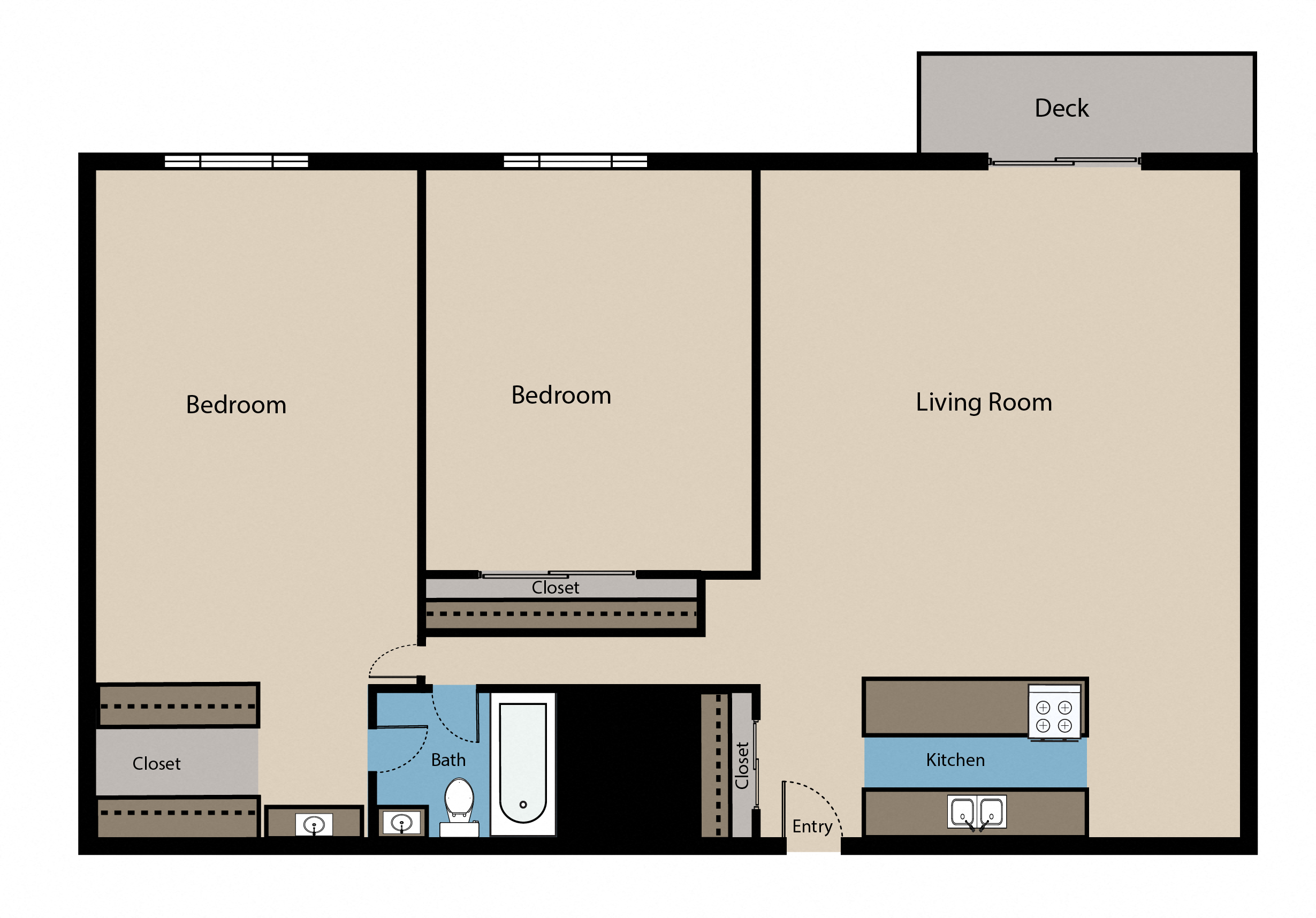 Floor plan for 2 beds, 1 bath, 950 sqft